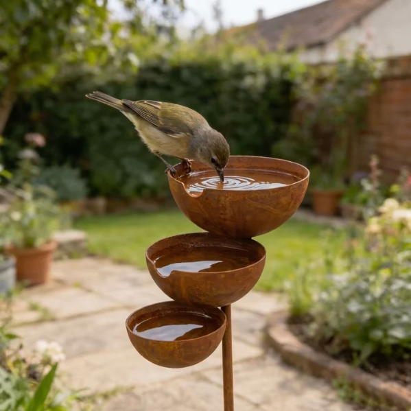 Bain pour oiseaux à trois niveaux – Acier Corten.