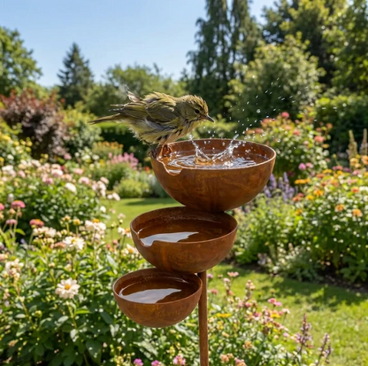 Bain pour oiseaux à trois niveaux – Acier Corten.