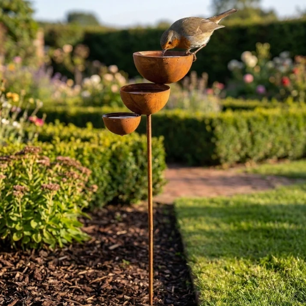 Bain pour oiseaux à trois niveaux – Acier Corten.