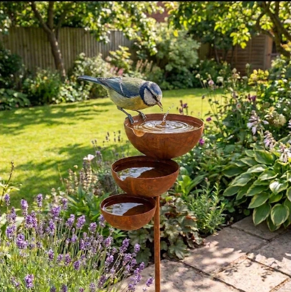 Bain pour oiseaux à trois niveaux – Acier Corten.