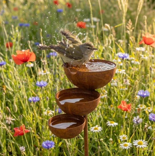 Bain pour oiseaux à trois niveaux – Acier Corten.