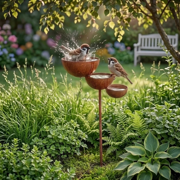 Bain pour oiseaux à trois niveaux – Acier Corten.