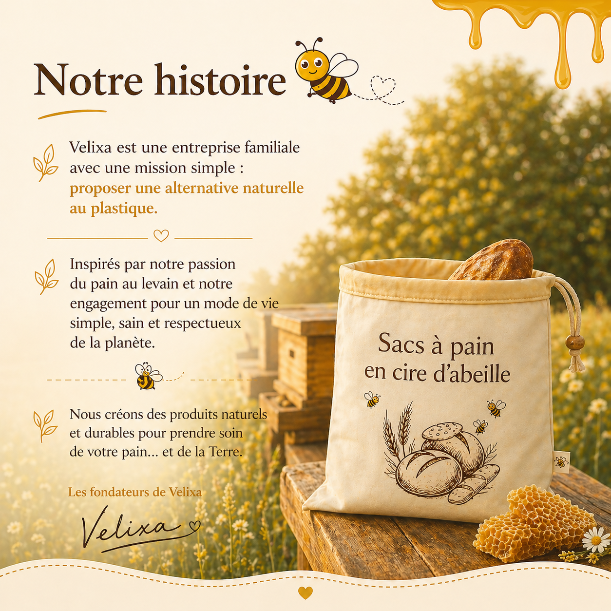 Sacs premium Velixa en cire d’abeille & coton 100 % — Lavables, pour conserver naturellement
