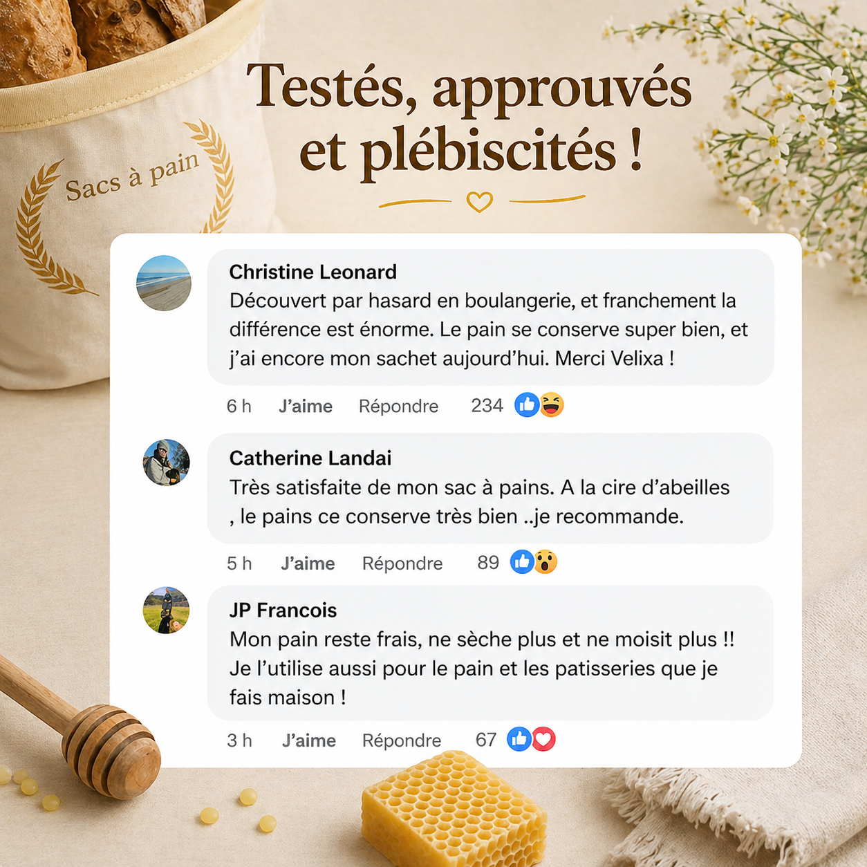 Sacs premium Velixa en cire d’abeille & coton 100 % — Lavables, pour conserver naturellement